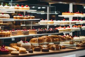 a bakery display case with many different types of cakes. AI-Generated photo