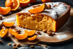 naranja pastel con nueces y en polvo azúcar. generado por ai foto