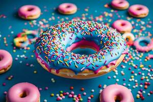 a donut with sprinkles and colorful icing on a blue background. AI-Generated photo