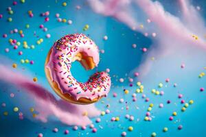 a donut with sprinkles on a blue background. AI-Generated photo