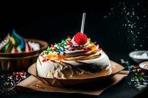 ice cream with a cherry on top and sprinkles. AI-Generated photo