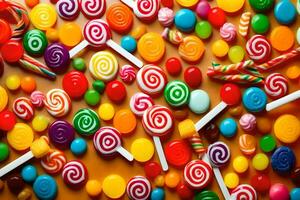 many colorful candy lollipops are scattered on a table. AI-Generated photo