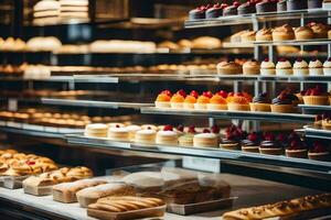 muchos diferente tipos de pasteles son en monitor en un panadería. generado por ai foto