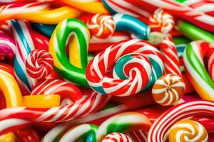 many colorful candy canes are arranged in a pile. AI-Generated photo