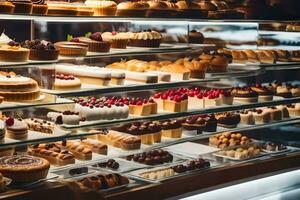 many different types of cakes are on display in a bakery. AI-Generated photo