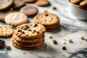 un apilar de galletas y un cuenco de chocolate papas fritas. generado por ai foto