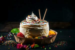 ice cream with whipped cream and sprinkles on a dark background. AI-Generated photo