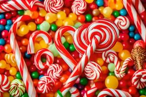 many candy canes and candy lollipops are arranged in a colorful pattern. AI-Generated photo