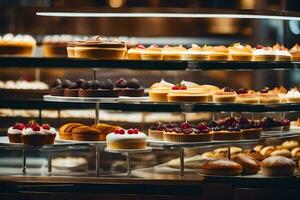 a display case filled with various types of pastries. AI-Generated photo