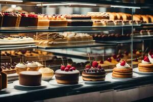 a display case filled with cakes and pastries. AI-Generated photo