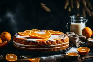 a cake with oranges on a black background. AI-Generated photo