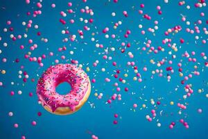 a donut with sprinkles on a blue background. AI-Generated photo