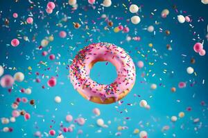 a donut with sprinkles and pink icing on a blue background. AI-Generated photo