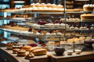 a bakery display with many different types of pastries. AI-Generated photo