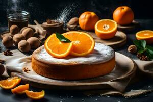 un pastel con naranjas y nueces en un de madera lámina. generado por ai foto