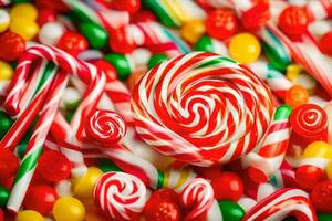 a close up of candy canes and candy lollipops. AI-Generated photo