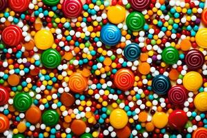 un vistoso caramelo antecedentes con muchos diferente de colores dulces. generado por ai foto