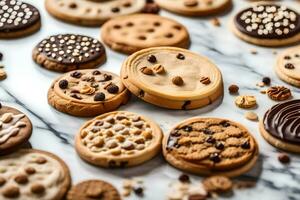 a variety of cookies are arranged on a marble surface. AI-Generated photo