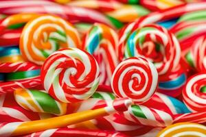 many colorful candy lollipops are shown in this image. AI-Generated photo