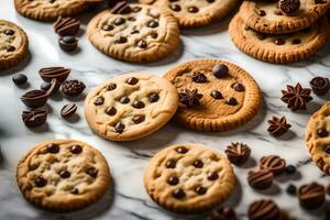 chocolate chip cookies on a marble countertop. AI-Generated photo