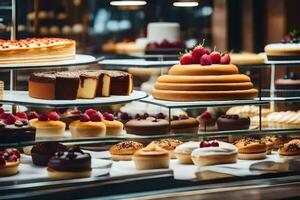 many different types of cakes are on display in a bakery. AI-Generated photo