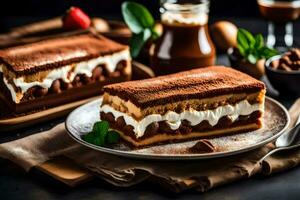 two slices of chocolate cake with whipped cream and strawberries. AI-Generated photo