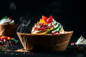 a cupcake with colorful icing and sprinkles on a black background. AI-Generated photo
