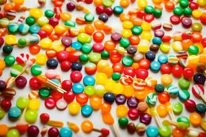 a large pile of colorful candy on a white surface. AI-Generated photo