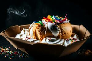 un hielo crema helado con frutas y nueces con asperja y fumar. generado por ai foto