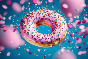 a donut with sprinkles and pink icing on a blue background. AI-Generated photo