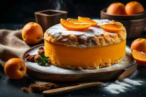 orange cake with powdered sugar on a wooden board. AI-Generated photo