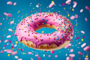 a donut with pink frosting and sprinkles on a blue background. AI-Generated photo