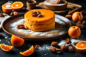 naranja pastel con nueces pecanas y azúcar en un lámina. generado por ai foto