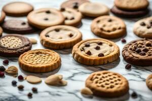 a variety of cookies and cookies on a marble counter. AI-Generated photo