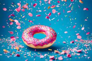 a donut with sprinkles on a blue background. AI-Generated photo