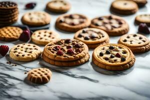 a variety of cookies on a marble counter. AI-Generated photo