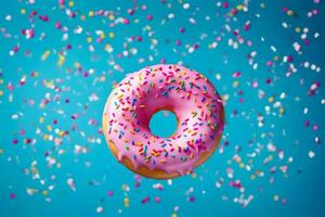 a donut with sprinkles on a blue background. AI-Generated photo