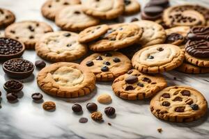 chocolate chip cookies on a marble countertop. AI-Generated photo