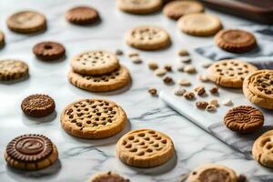 a variety of cookies and biscuits on a marble counter. AI-Generated photo