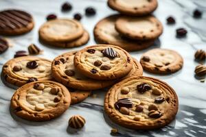 chocolate chip cookies on a marble counter. AI-Generated photo