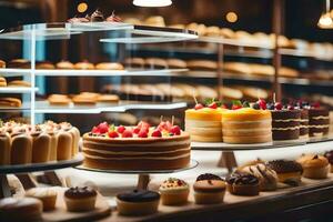 a bakery display with many different types of cakes. AI-Generated photo