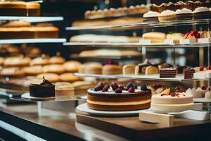 a display of cakes in a bakery. AI-Generated photo