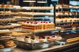 a bakery display with many different types of pastries. AI-Generated photo