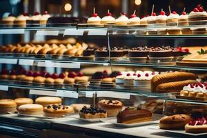 many different types of pastries are on display in a bakery. AI-Generated photo