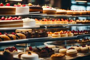 many different types of cakes are on display in a bakery. AI-Generated photo