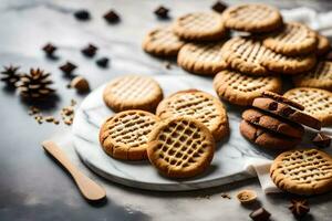 peanut butter cookies on a marble plate. AI-Generated photo