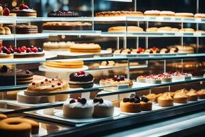 muchos diferente tipos de pasteles son en monitor en un panadería. generado por ai foto