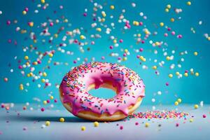 a pink doughnut with sprinkles on a blue background. AI-Generated photo