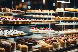 many different types of pastries are on display in a bakery. AI-Generated photo