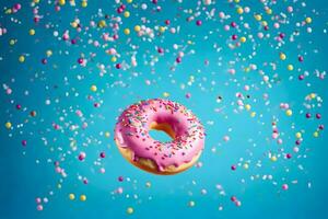 a donut with sprinkles on a blue background. AI-Generated photo